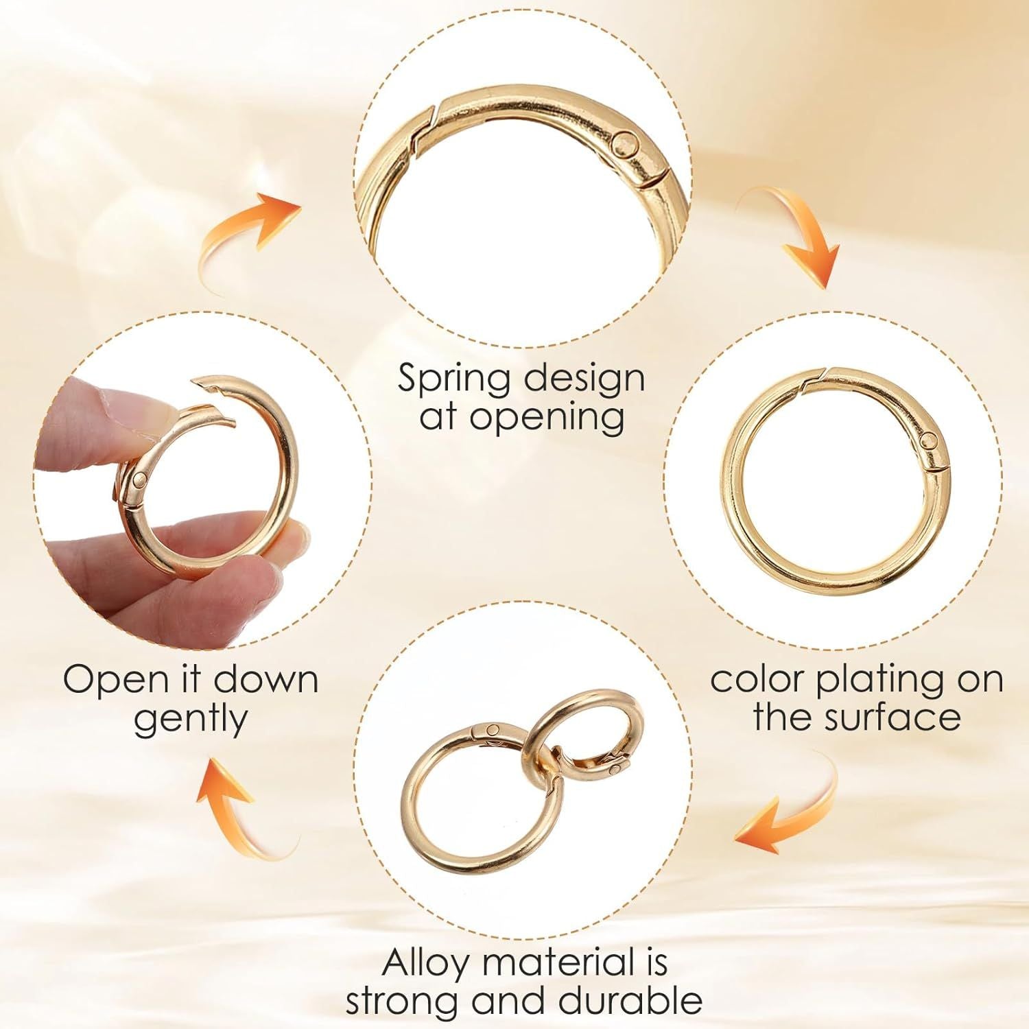 16 Pcs Spring O Ring Clips, Metal Key Ring Clips, Round Carabiner Clip, Small Keychain Clip for Keys, Buckle, Handbag, Bag Purse, Mini Keyring, Replacement Paracord Keychain Gold, Silver