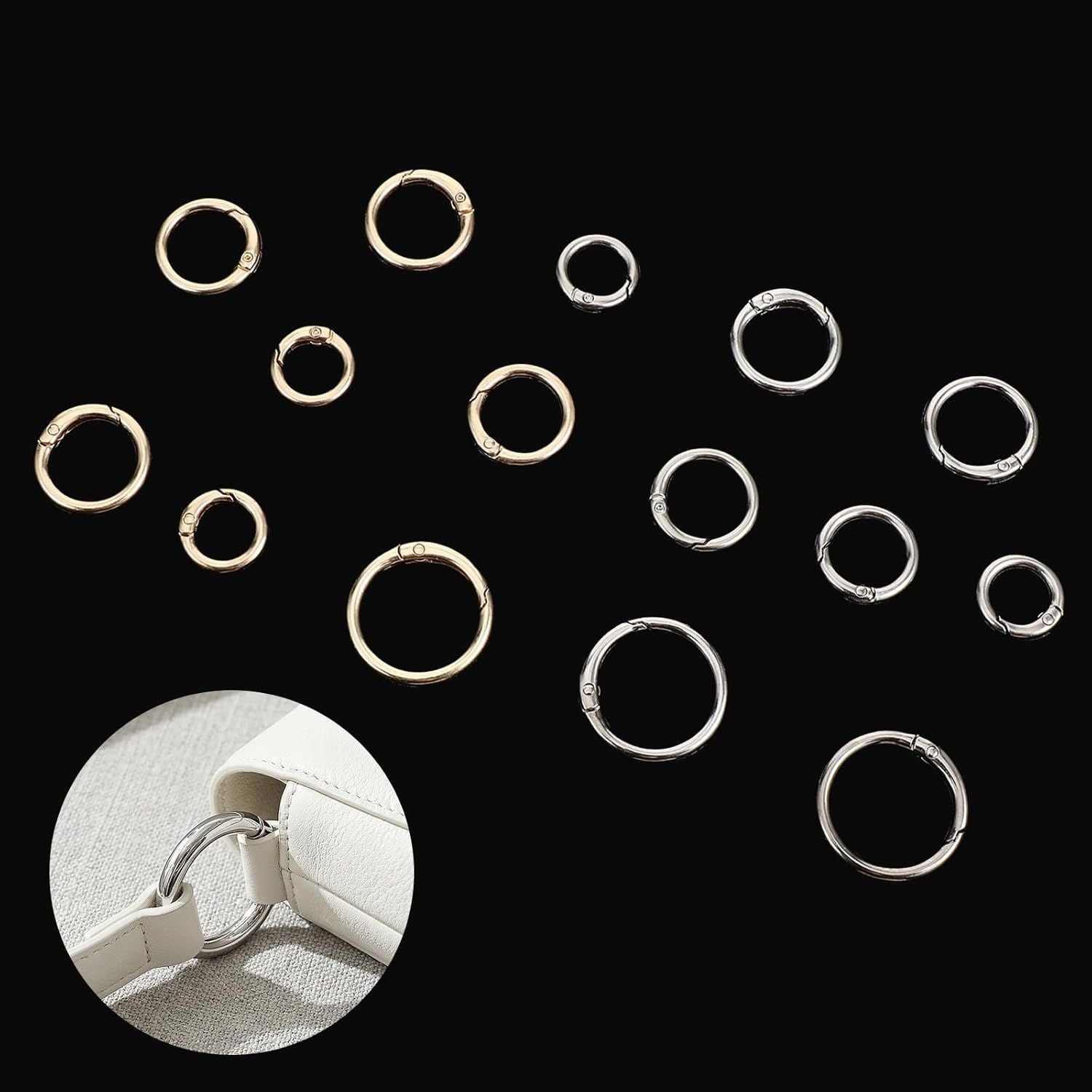 16 Pcs Spring O Ring Clips, Metal Key Ring Clips, Round Carabiner Clip, Small Keychain Clip for Keys, Buckle, Handbag, Bag Purse, Mini Keyring, Replacement Paracord Keychain Gold, Silver
