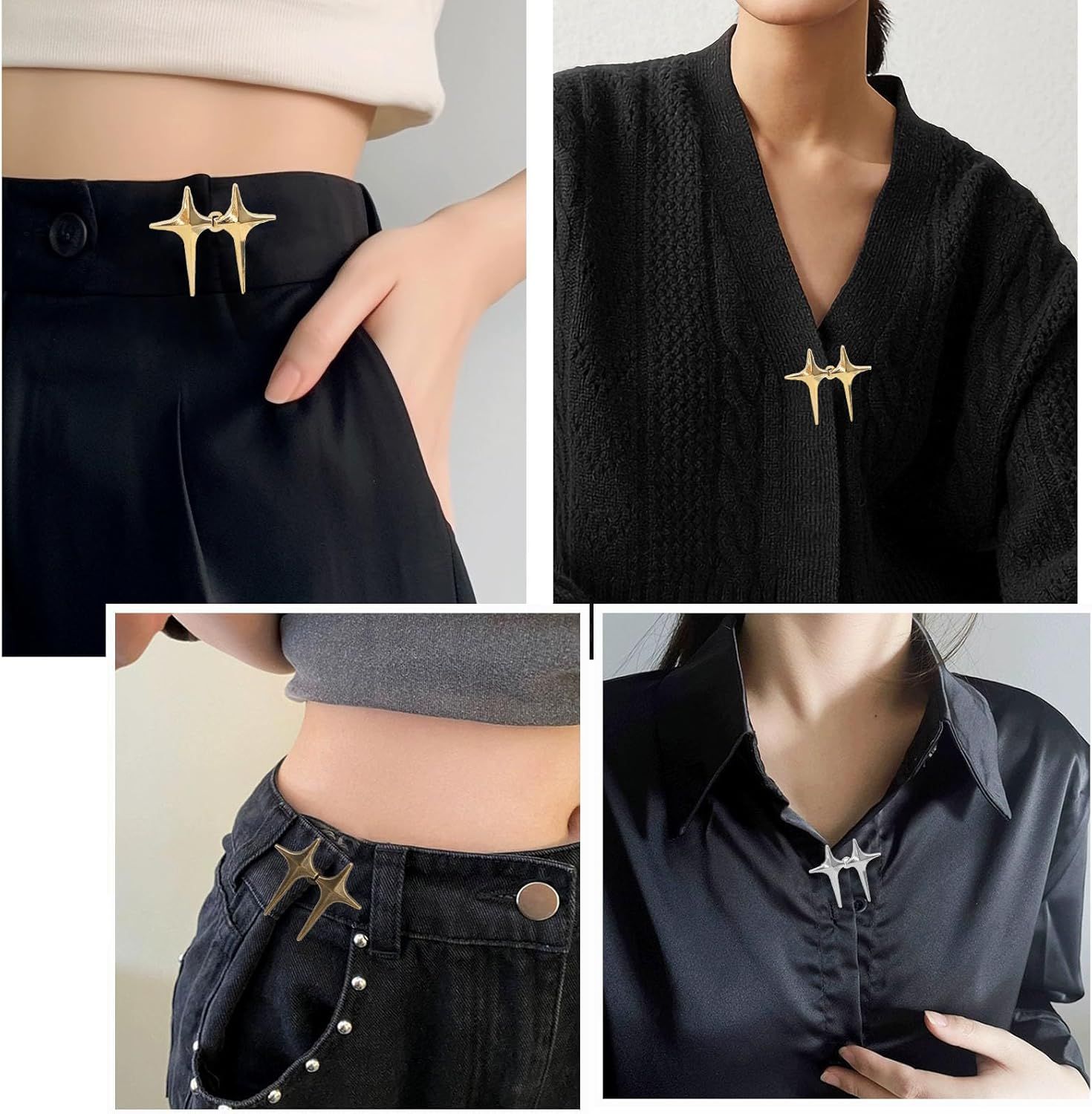 8 Sets Adjustable Star Button Pant Waist Tightener, Adjustable Waist Buckle Sets No Sew and No Tools Detachable Decorative Waist Buckles, Jean Buttons Pins for Loose Jeans, Pants, Skirts, Sleeves