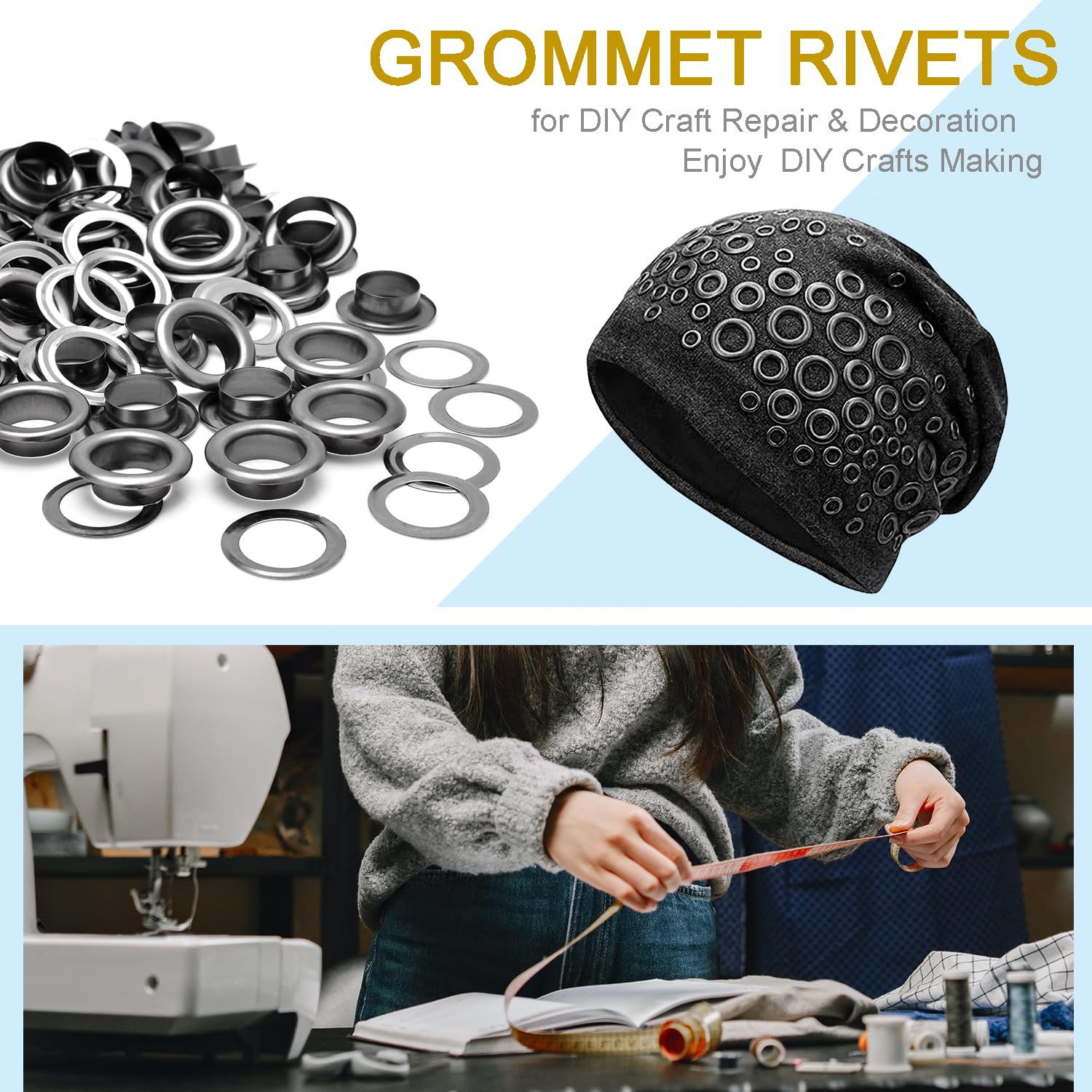 100Sets 1/2 Inch Eyelets and Grommets, Metal Eyelets Grommet Kit with Washers Backing Eyele for Fabric Clothing Tarps Leather Bag Shoes Curtains Hats Tents Repair and Decoration Black