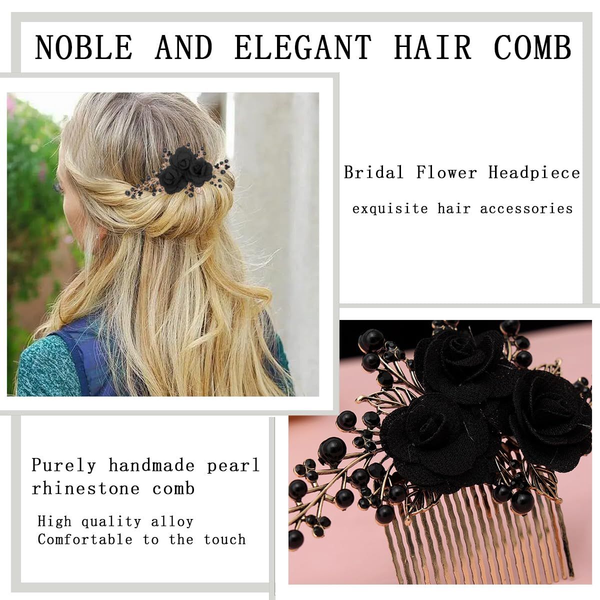 2 PCS Flower Hair Comb Black Bridal Wedding Hair Side Combs Black Rose Floral Rhinestone Pearl Headpiece Vintage Decorative Girl Women Hair Accessories for Wedding Party Prom Valentine's Day Headband
