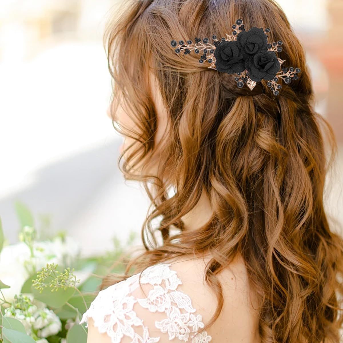 2 PCS Flower Hair Comb Black Bridal Wedding Hair Side Combs Black Rose Floral Rhinestone Pearl Headpiece Vintage Decorative Girl Women Hair Accessories for Wedding Party Prom Valentine's Day Headband