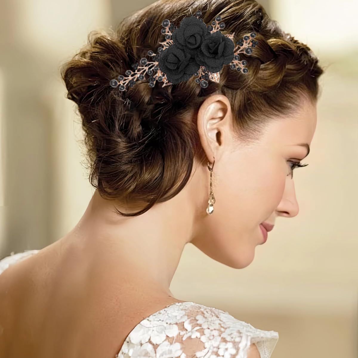 2 PCS Flower Hair Comb Black Bridal Wedding Hair Side Combs Black Rose Floral Rhinestone Pearl Headpiece Vintage Decorative Girl Women Hair Accessories for Wedding Party Prom Valentine's Day Headband