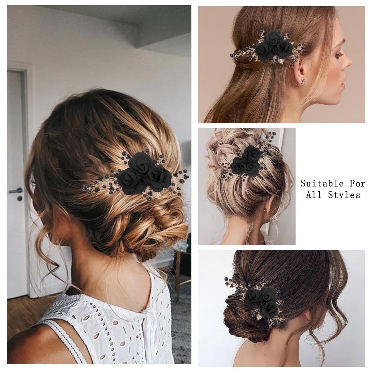 2 PCS Flower Hair Comb Black Bridal Wedding Hair Side Combs Black Rose Floral Rhinestone Pearl Headpiece Vintage Decorative Girl Women Hair Accessories for Wedding Party Prom Valentine's Day Headband