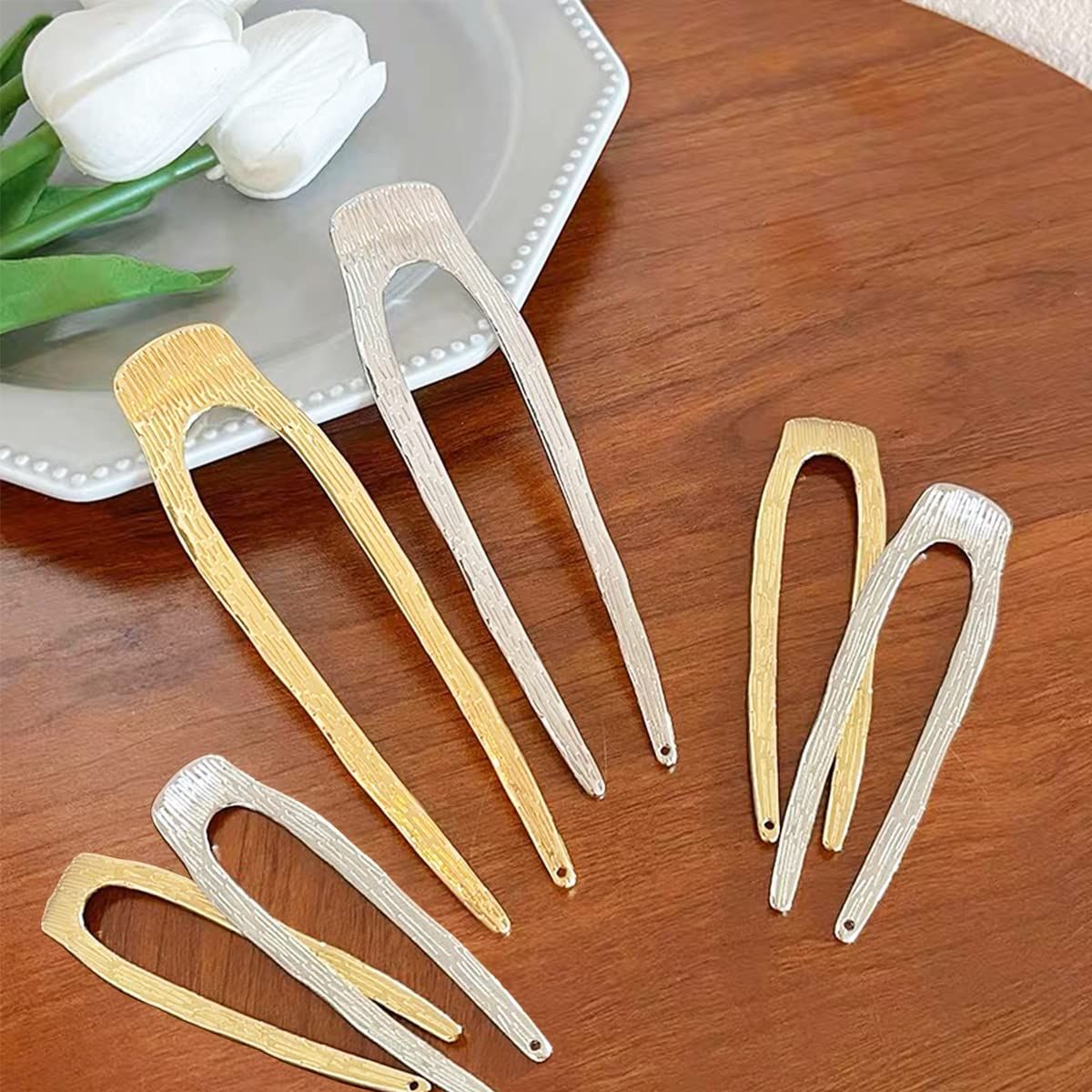 6 PCS 2 Sizes U-Shaped Hair Pins French Hair Forks Tortoise Shell Metal U Shape Hair Sticks for Thin Thick Hair Women Vintage Hairstyle Accessories