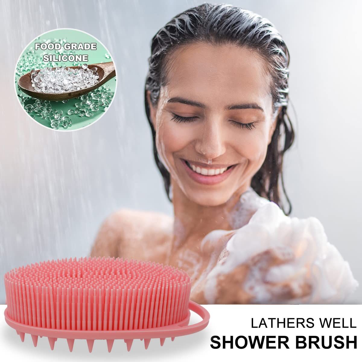 Upgrade 2 in 1 Bath and Shampoo Body Brush, Silicone Exfoliating Body Scrubber for Use in Shower, Premium Silicone Loofah, Head Scrubber, Scalp Massager, Easy to Clean 1PC Pink