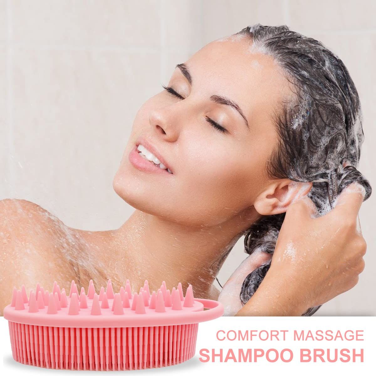 Upgrade 2 in 1 Bath and Shampoo Body Brush, Silicone Exfoliating Body Scrubber for Use in Shower, Premium Silicone Loofah, Head Scrubber, Scalp Massager, Easy to Clean 1PC Pink