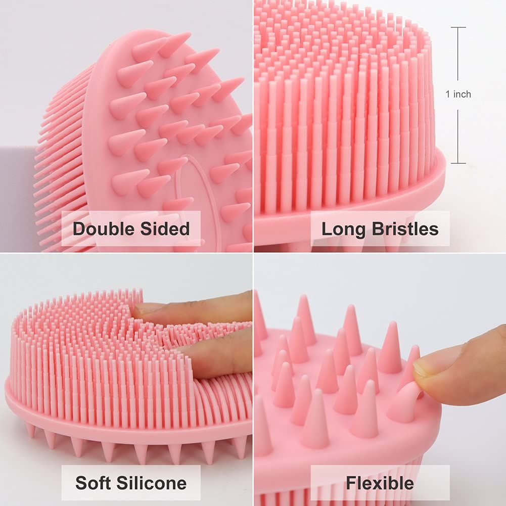 Upgrade 2 in 1 Bath and Shampoo Body Brush, Silicone Exfoliating Body Scrubber for Use in Shower, Premium Silicone Loofah, Head Scrubber, Scalp Massager, Easy to Clean 1PC Pink