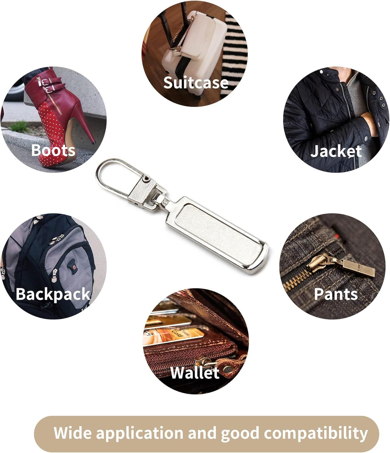 Metal Zipper Pull Replacement for Small Holes, Detachable, Repair for Jacket, Bag Boots, Purse, Coat, Pants 5 Pcs Silver