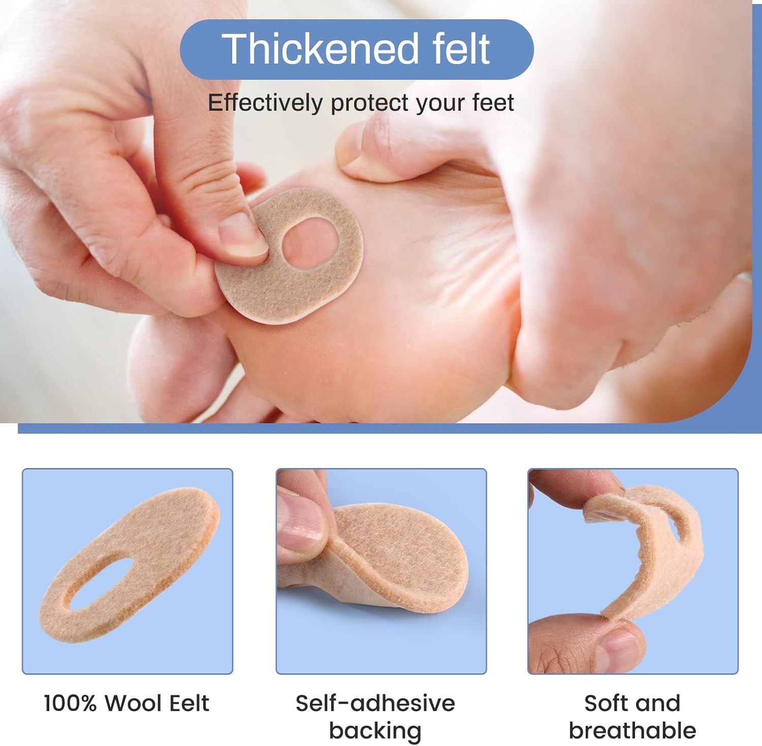 24Pcs Callus Pads，Soft Felt Callus Oval Shape Cushion Pads for Toes and Feet, Reduce Pain, Pressure and Friction from Shoes