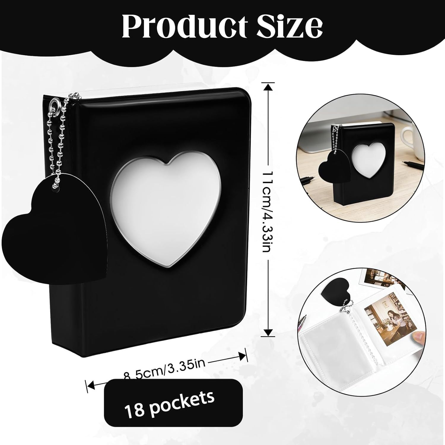 Mini Photo Album,3 Inch Photocard Book Heart Hollow Cover Photocard Binder 36 Pockets for Collect and Protect Photos Black