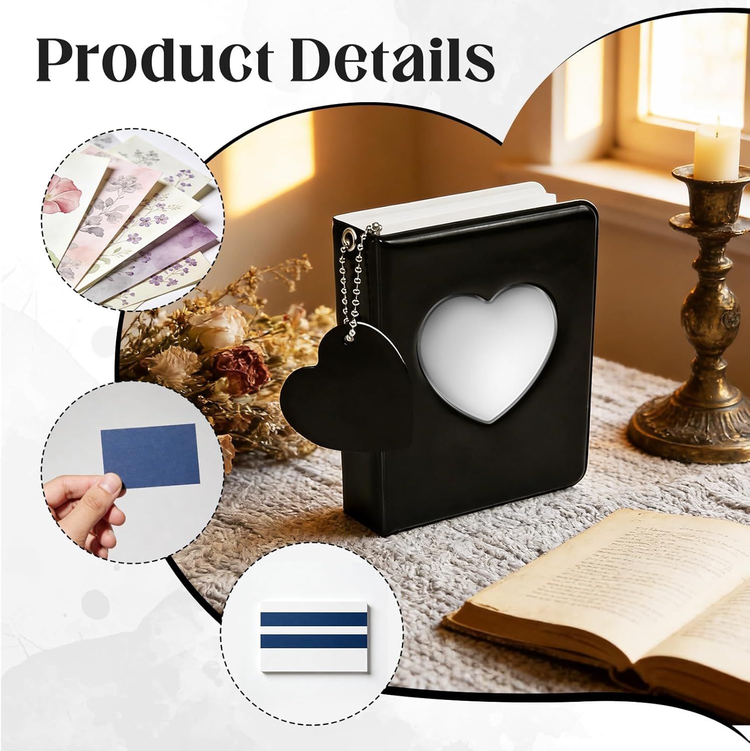 Mini Photo Album,3 Inch Photocard Book Heart Hollow Cover Photocard Binder 36 Pockets for Collect and Protect Photos Black