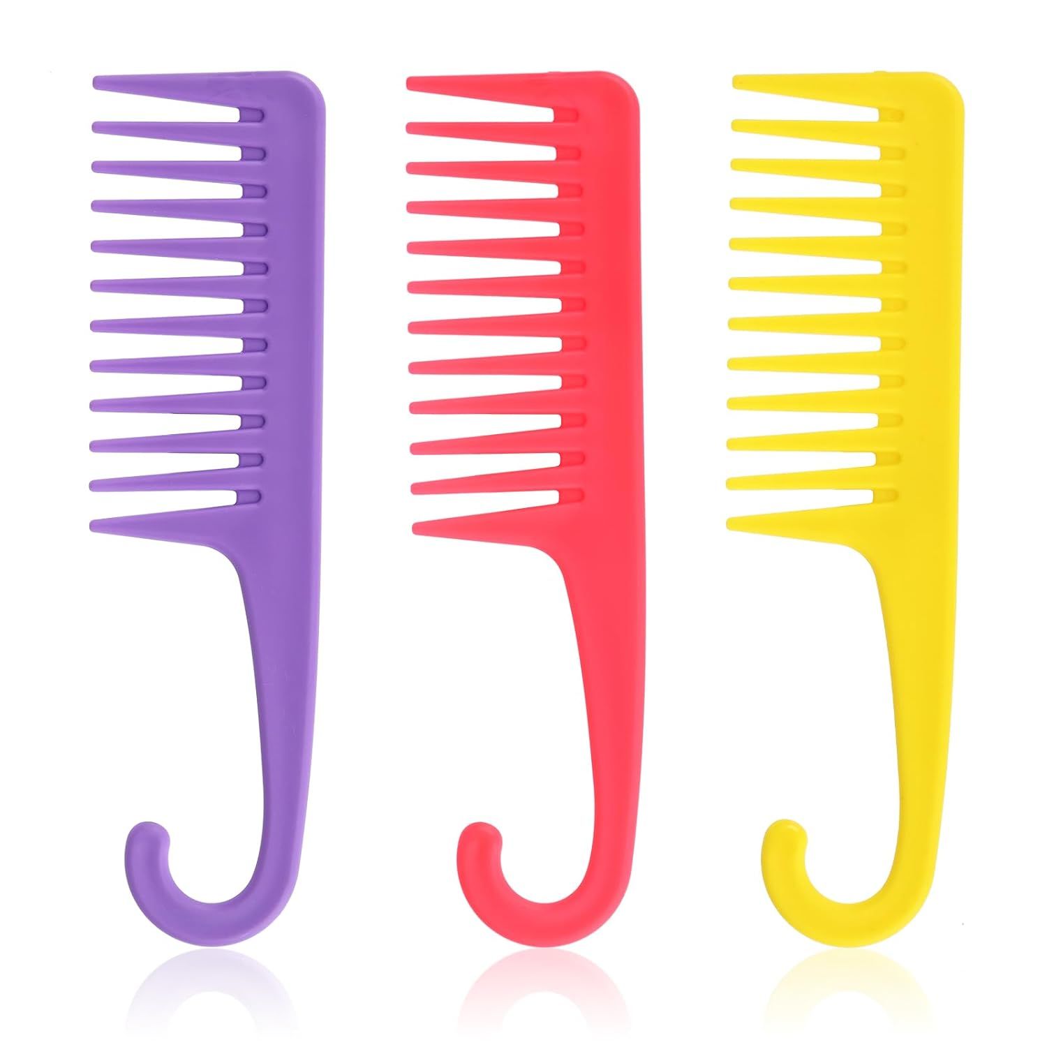 3PCS Wide Tooth Hair Combs with Hook, Large Detangling Shower Combs Set for Wet or Dry Hair, Conditioner Combs for Curly, Thick & Long Hair Purple/Rose Red/Yellow