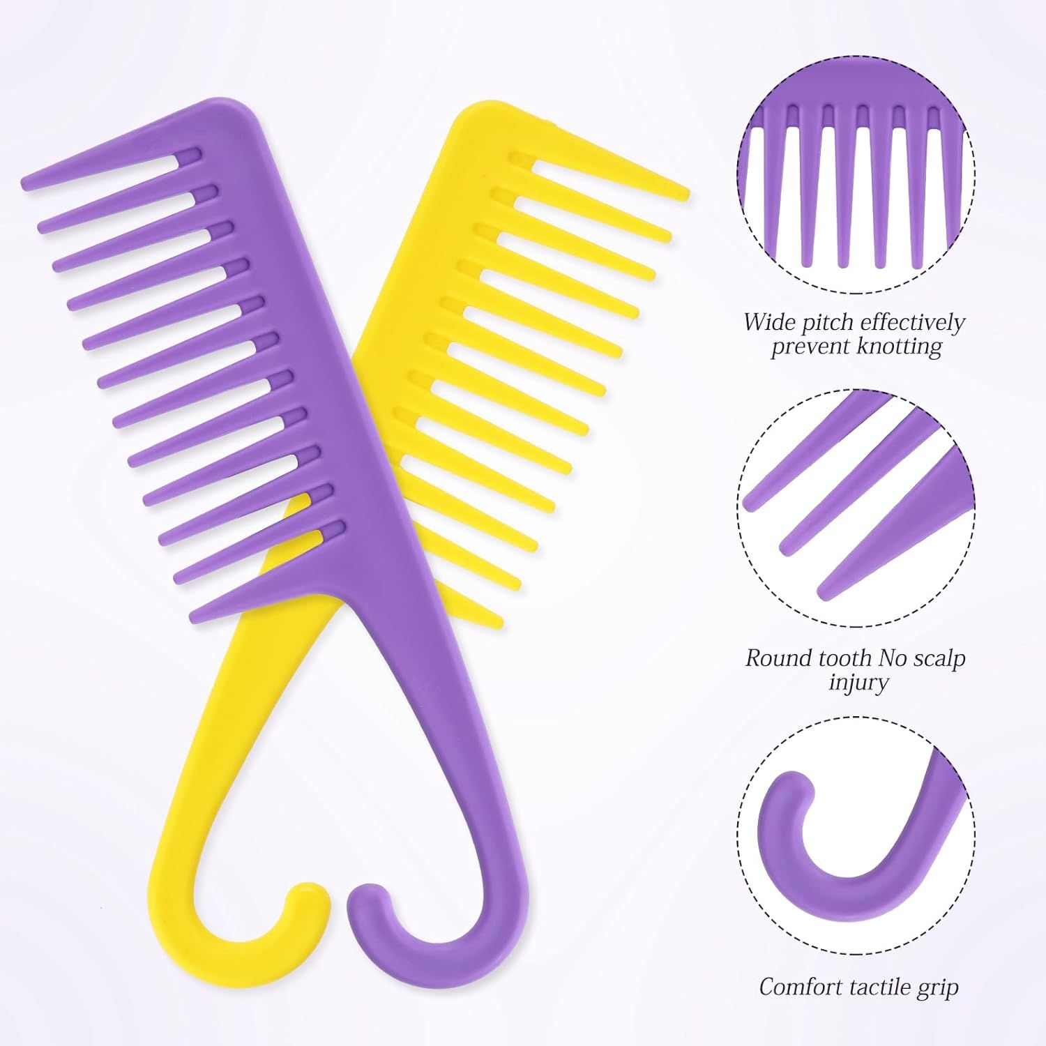 3PCS Wide Tooth Hair Combs with Hook, Large Detangling Shower Combs Set for Wet or Dry Hair, Conditioner Combs for Curly, Thick & Long Hair Purple/Rose Red/Yellow