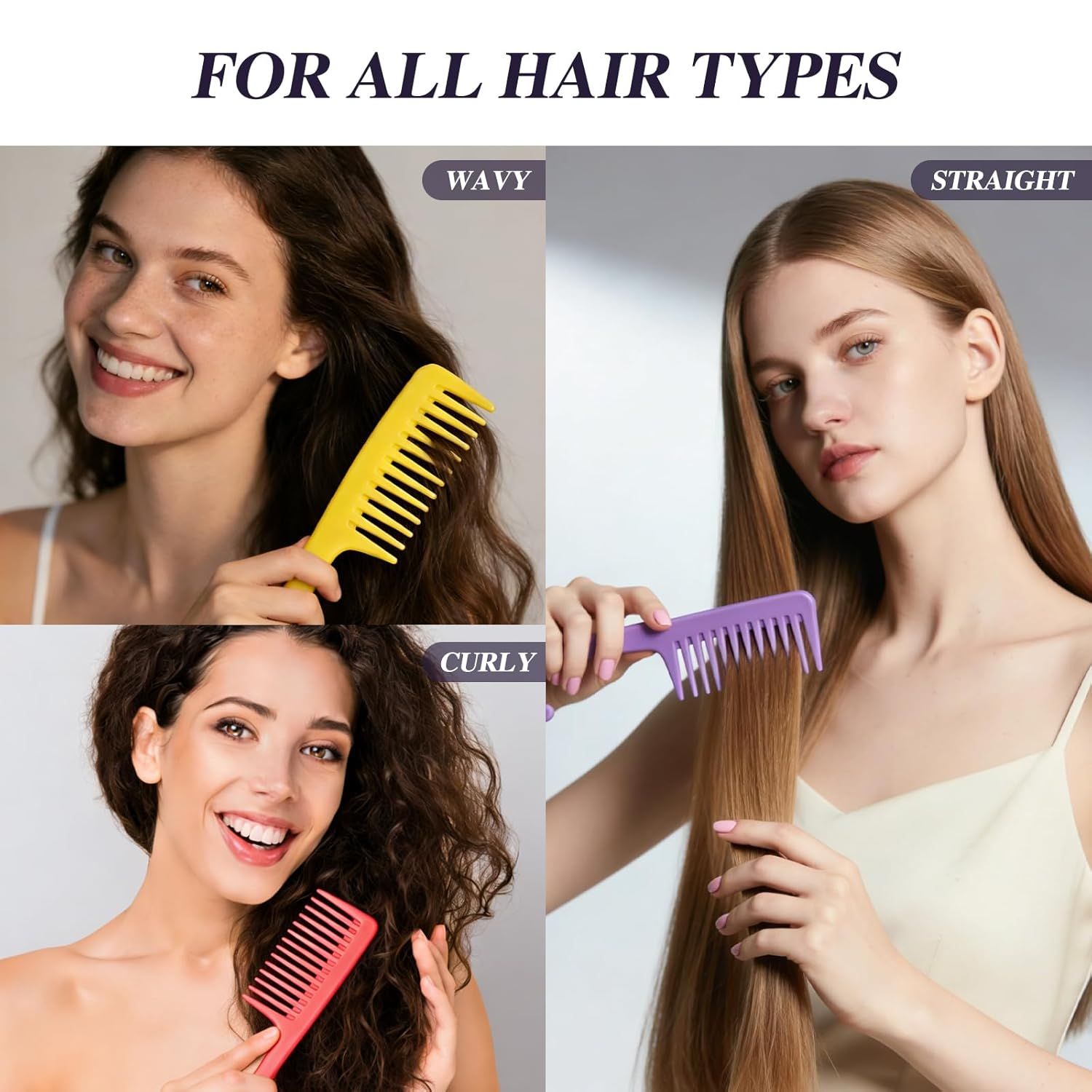 3PCS Wide Tooth Hair Combs with Hook, Large Detangling Shower Combs Set for Wet or Dry Hair, Conditioner Combs for Curly, Thick & Long Hair Purple/Rose Red/Yellow
