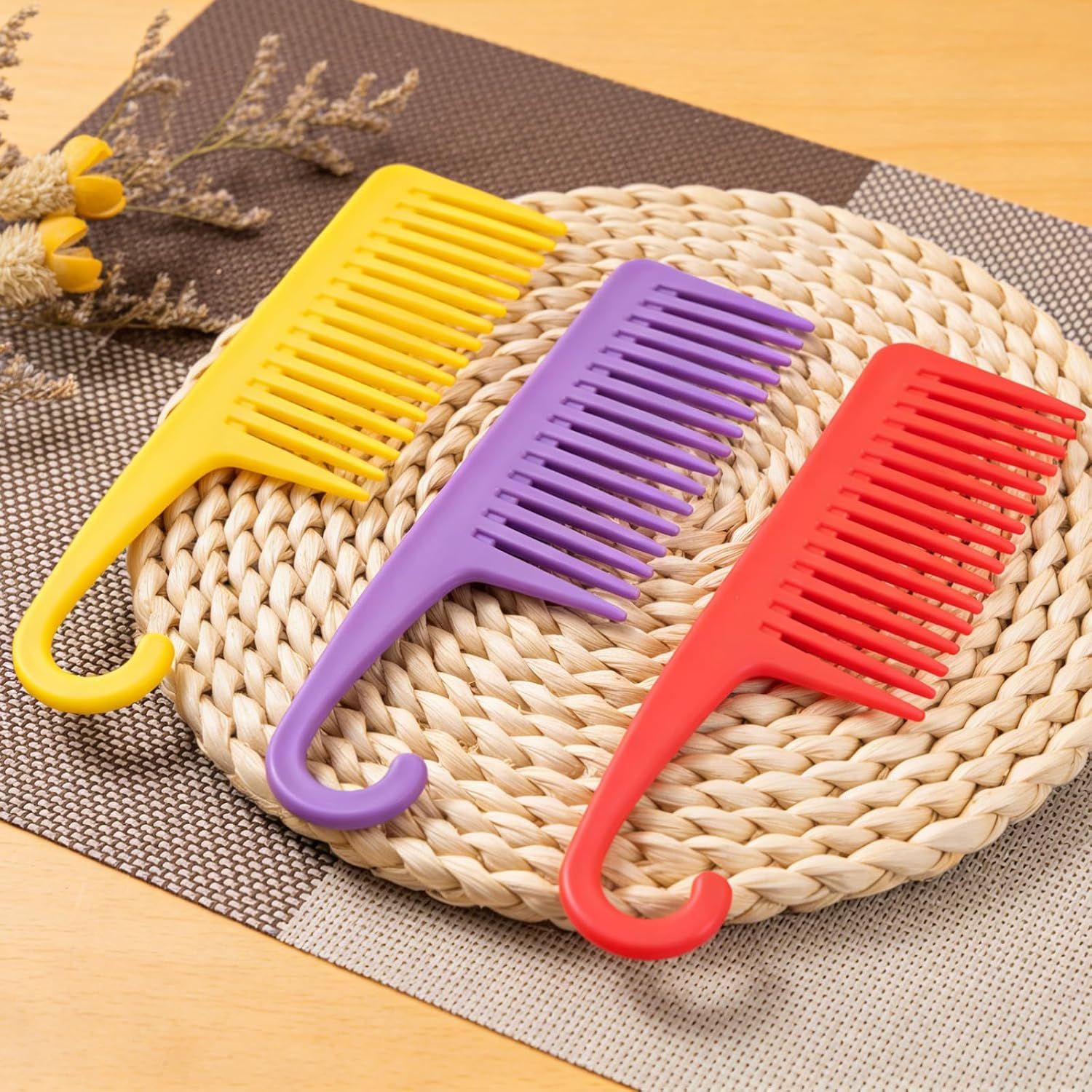 3PCS Wide Tooth Hair Combs with Hook, Large Detangling Shower Combs Set for Wet or Dry Hair, Conditioner Combs for Curly, Thick & Long Hair Purple/Rose Red/Yellow