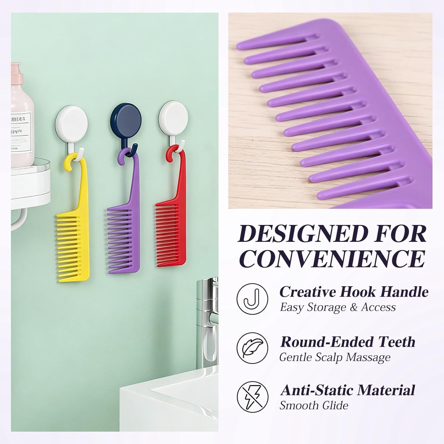 3PCS Wide Tooth Hair Combs with Hook, Large Detangling Shower Combs Set for Wet or Dry Hair, Conditioner Combs for Curly, Thick & Long Hair Purple/Rose Red/Yellow