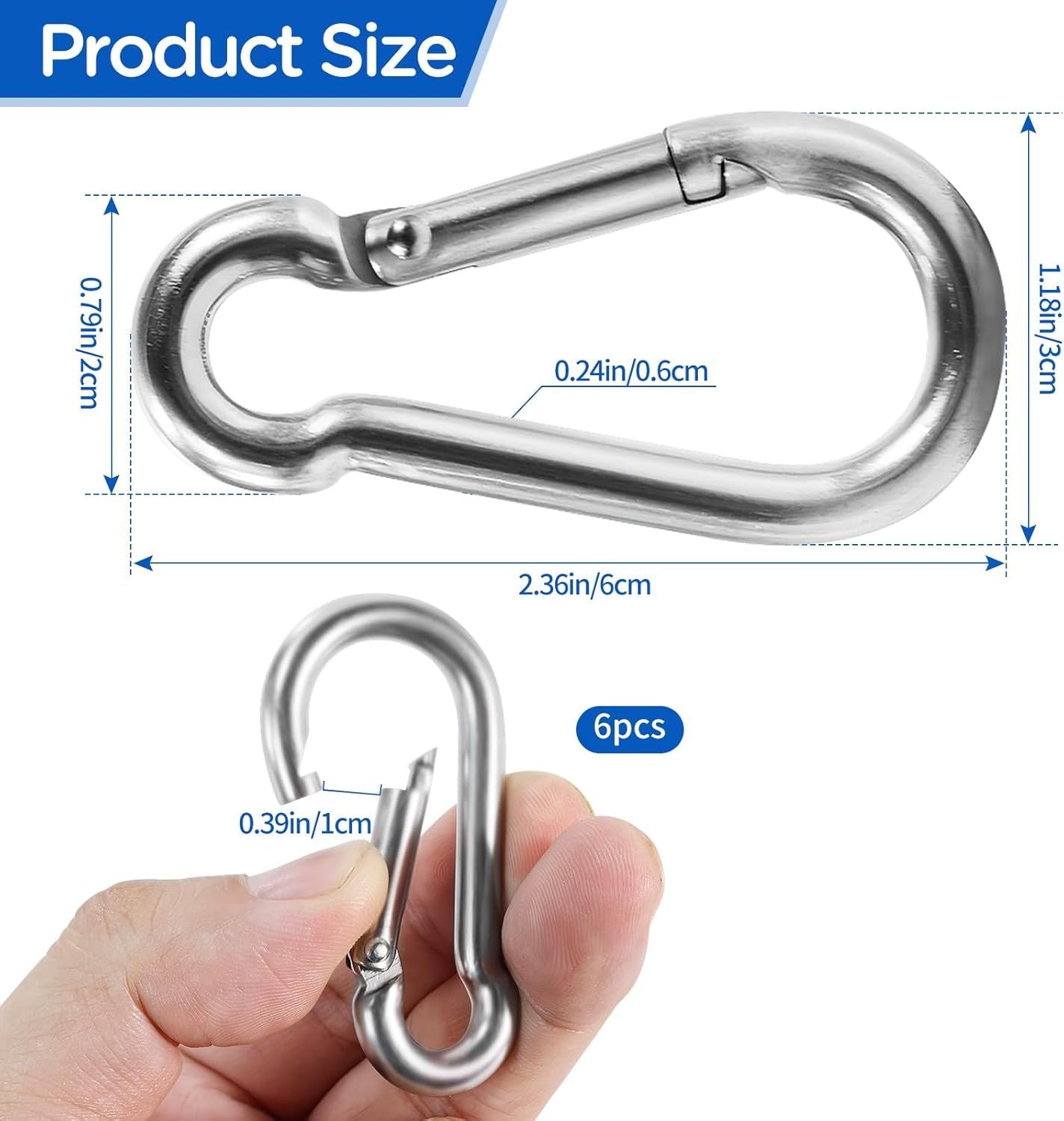 304 Stainless Steel Carabiners，M6 Carabiners Clips for Camping,Swing,Hiking,Hammock,Water Bottle, Backpack