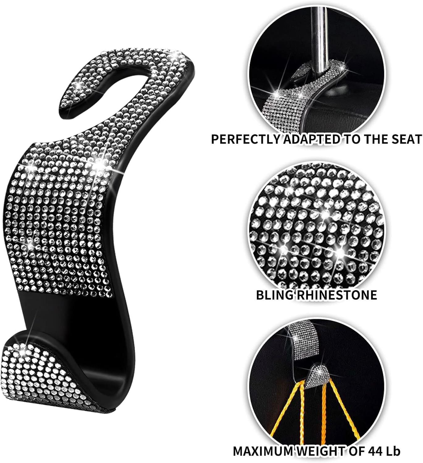 Car Purse Hook Bling Car Headrest Hook for Women Girls, 4 Packs Auto Back Seat Hangers Rear Headrest Hook for Purse, Bag, Handbag, Grocery Silver