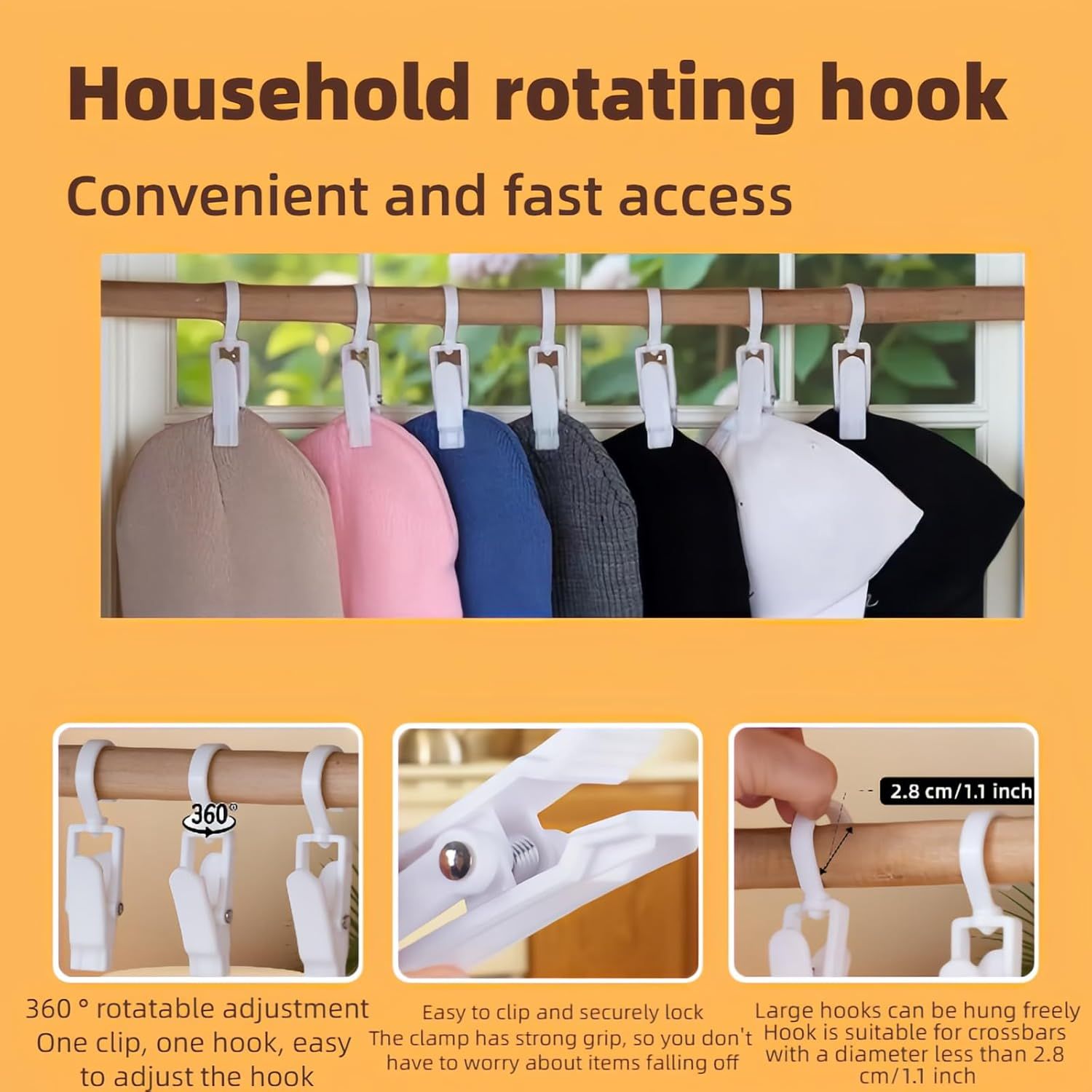 10-Pack Heavy Duty Swivel Clothes Pins - 360° Rotating Hooks for Laundry, Beach Towels, Curtains, Rustproof Stainless Steel Spring, Non-Slip Grip 4.3", White