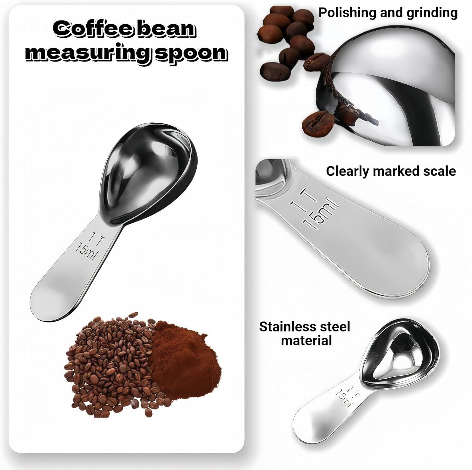 1 Tbsp 15ml Coffee Scoop,Stainless Steel Measuring Spoons for Coffee,Protein Powder,Sugar,Easy Read Laser Engraved Mark,Short Handle Fits in Container,Rust-Resistant,Drop-Resistant 1T 15ml