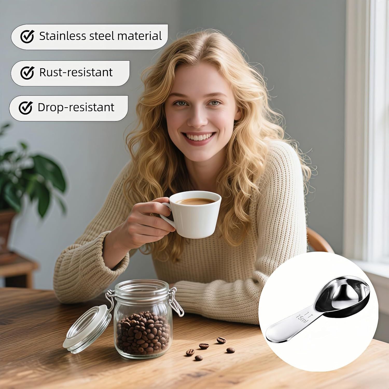 1 Tbsp 15ml Coffee Scoop,Stainless Steel Measuring Spoons for Coffee,Protein Powder,Sugar,Easy Read Laser Engraved Mark,Short Handle Fits in Container,Rust-Resistant,Drop-Resistant 1T 15ml