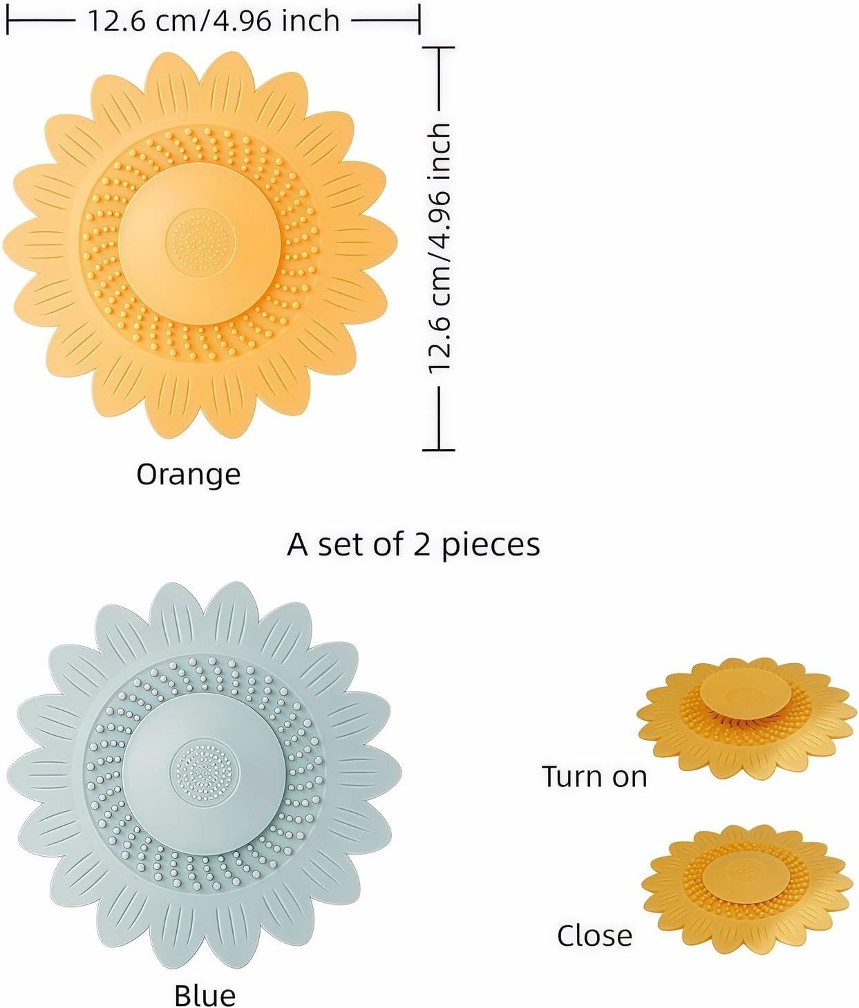 Sunflower Silicone Drain Cover,2-Pack Hair Catcher for Shower Tub Sink, Flower Shape Bathtub Drain Cover, Non-Slip Silicone Strainer for Kitchen Bathroom Laundry Blue Yellow