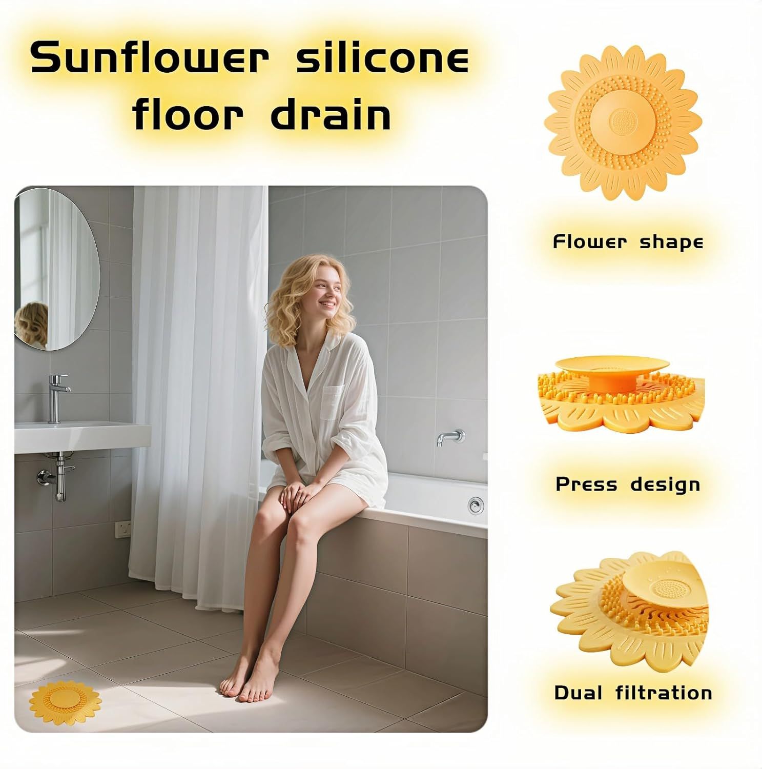 Sunflower Silicone Drain Cover,2-Pack Hair Catcher for Shower Tub Sink, Flower Shape Bathtub Drain Cover, Non-Slip Silicone Strainer for Kitchen Bathroom Laundry Blue Yellow