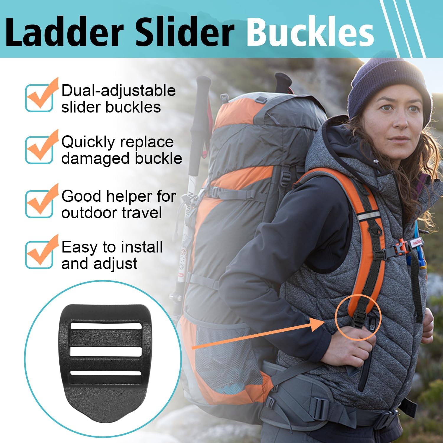 CooBigo 6 Pcs Ladder Slider Buckles+6 Pcs Tri glide Slider for Backpack Strap Clips, Plastic Clips for Straps Adjuster, Backpack Clips for 1 Inch webbing strap.