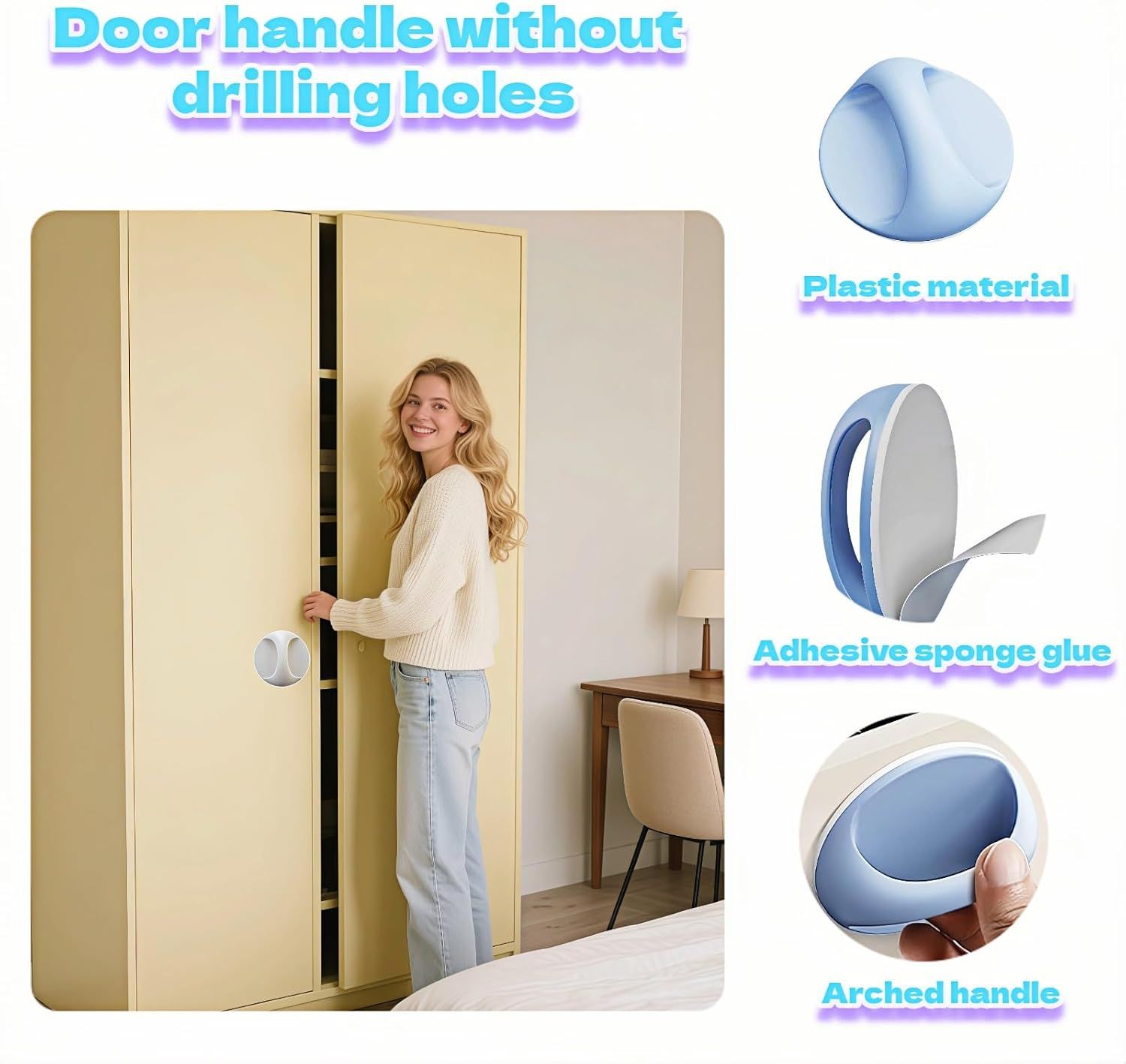 4-Pack Self-Adhesive Cabinet Pulls, No-Drill Handles for Cabinet, Window, Drawer, Glass Door, Easy Installation & Strong Grip White, Pink, Blue, Green ,2.56 Inch Adhesive Pull Knob