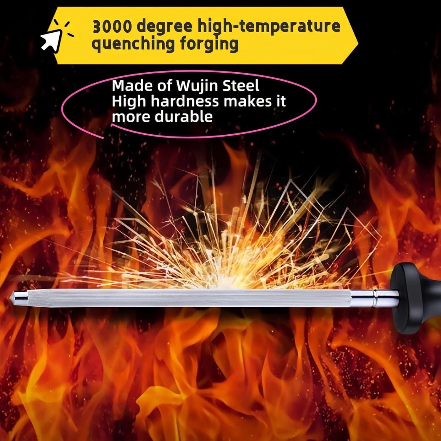 13" Professional Knife Sharpening Steel Rod - High Carbon Magnetic Honing Rod for Kitchen Chef Knives, Ergonomic Non-Slip Grip with Durable Serrations & Hanging Hole - Multi-Purpose for Home 13IN