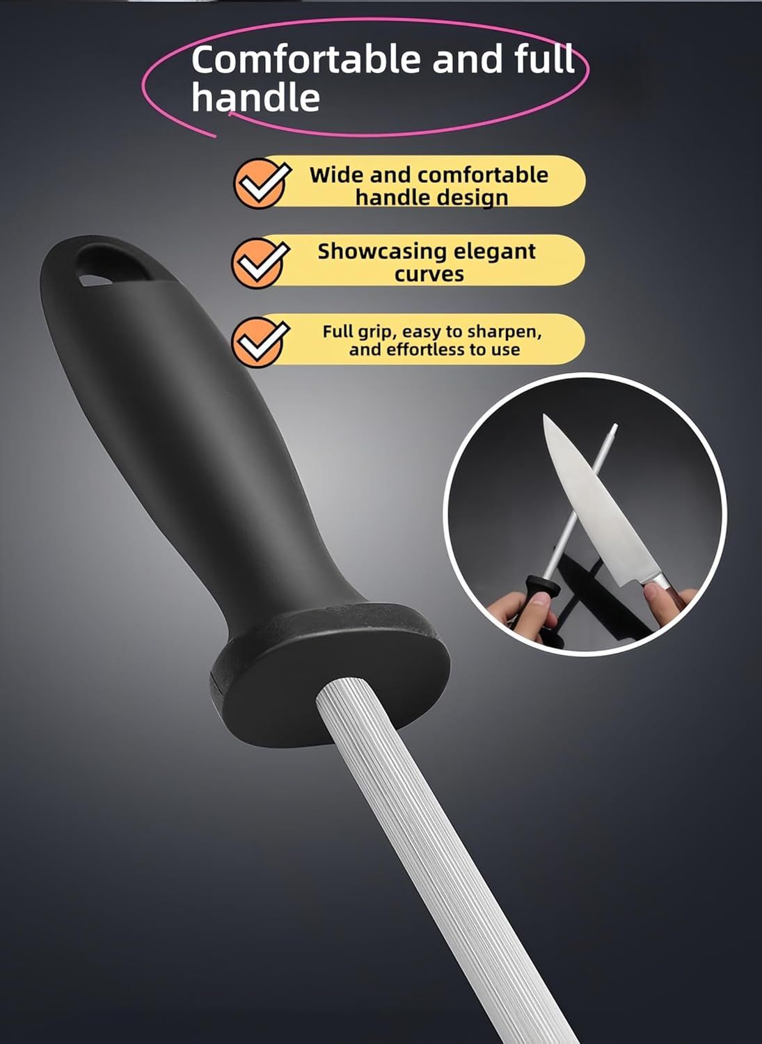 13" Professional Knife Sharpening Steel Rod - High Carbon Magnetic Honing Rod for Kitchen Chef Knives, Ergonomic Non-Slip Grip with Durable Serrations & Hanging Hole - Multi-Purpose for Home 13IN