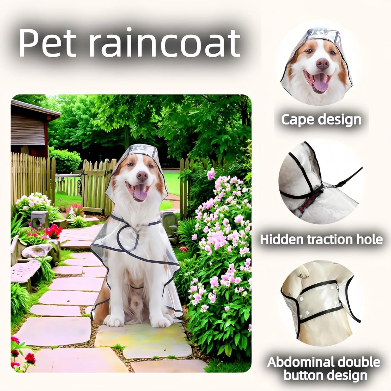 Transparent Dog Rain Poncho for Small Medium Dogs - Thick Waterproof Raincoat with Hidden Leash Hole & Adjustable Snaps, Windproof Hooded Cape for Bichon Poodle Large