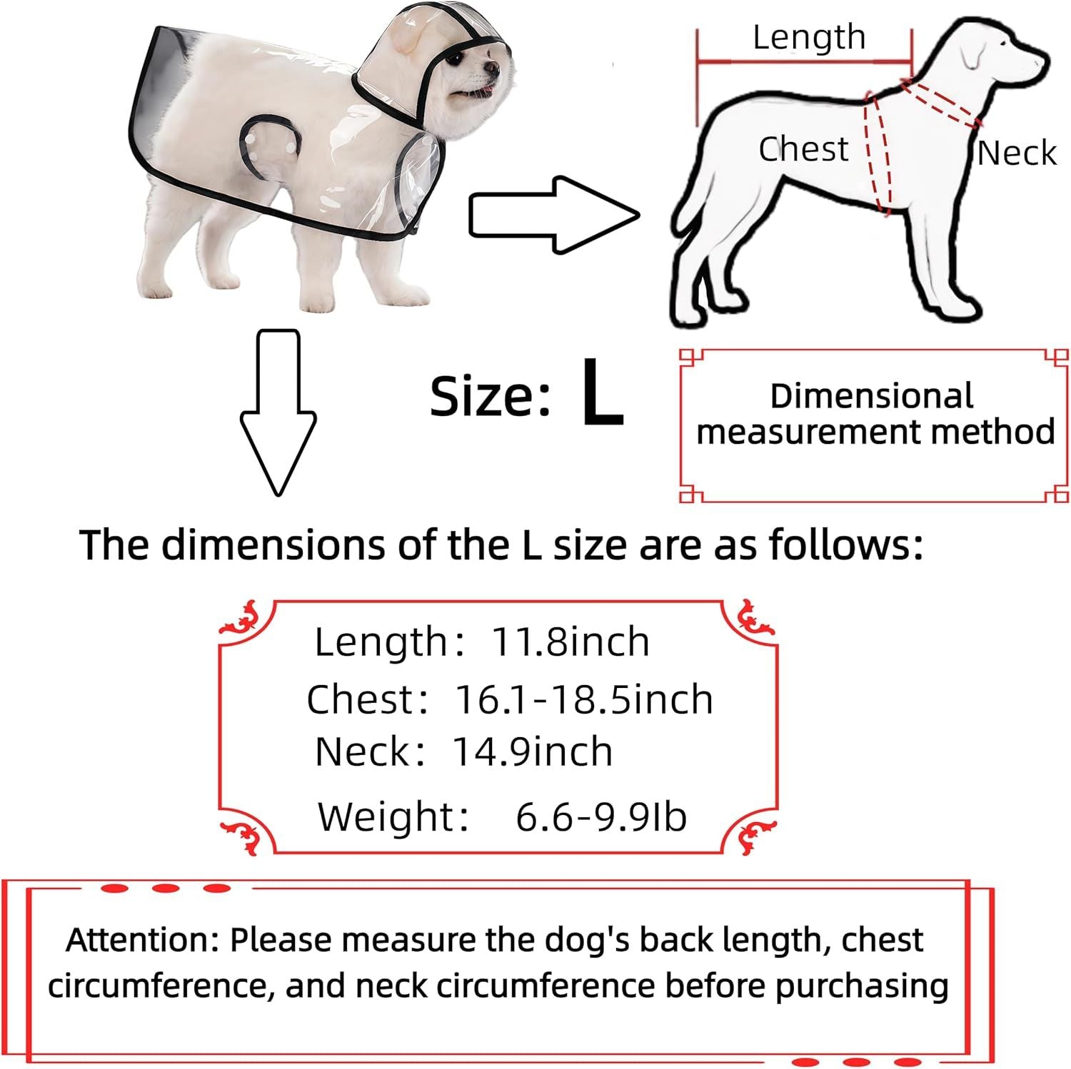 Transparent Dog Rain Poncho for Small Medium Dogs - Thick Waterproof Raincoat with Hidden Leash Hole & Adjustable Snaps, Windproof Hooded Cape for Bichon Poodle Large
