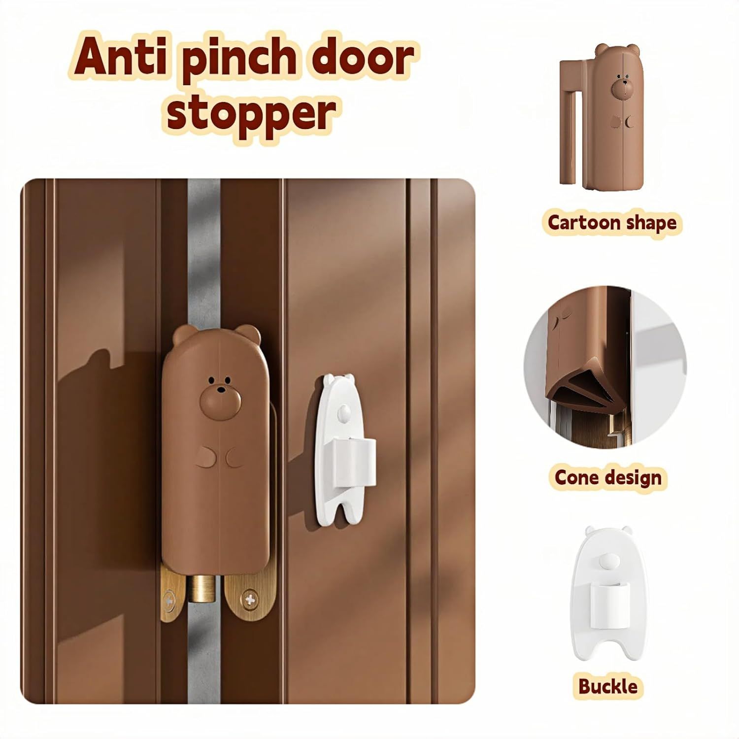 Baby Proof Door Stopper with Adhesive Hook, Cute Cartoon Bear Silicone Door Guard Protector for Fingers, Anti-Pinch Safety Latch for Cabinet Drawer Window Brown ,2.64 inch, Decorative Door Guard