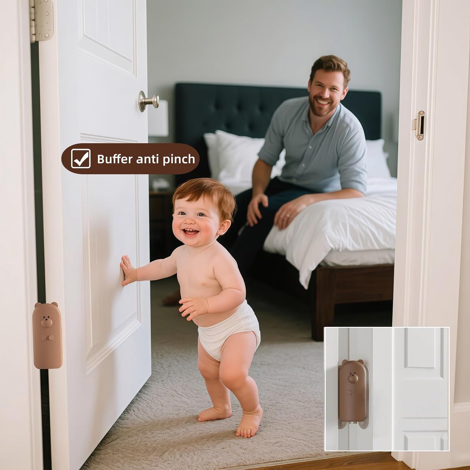 Baby Proof Door Stopper with Adhesive Hook, Cute Cartoon Bear Silicone Door Guard Protector for Fingers, Anti-Pinch Safety Latch for Cabinet Drawer Window Brown ,2.64 inch, Decorative Door Guard