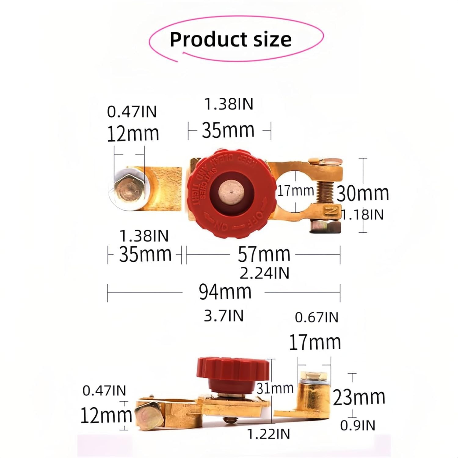Top Post Battery Disconnect Switch 12V 125A Heavy Duty Brass Marine Car Truck RV Boat Anti-Corrosion Quick Release Knob for Battery Saver 0.59-0.67" Universal Fit Prevents Battery Drain Red