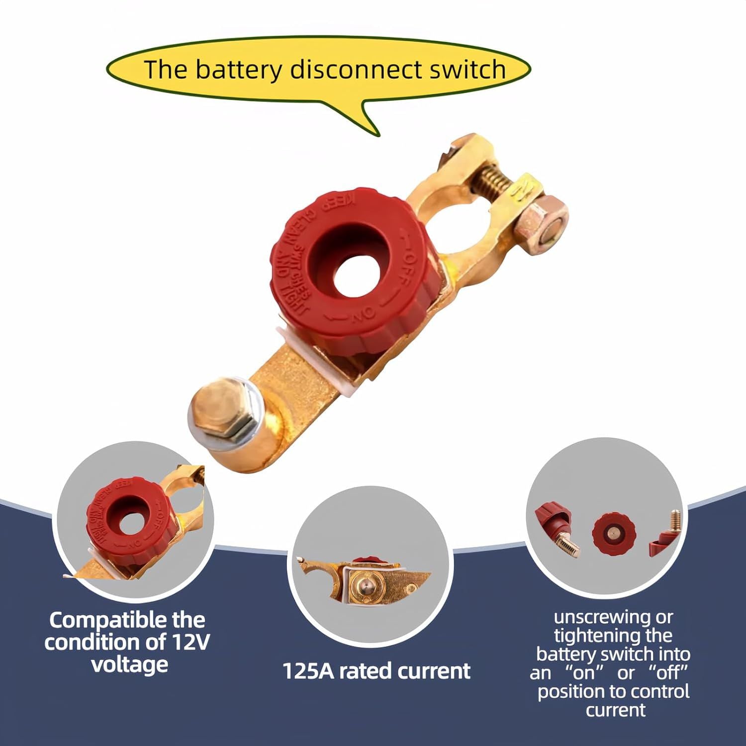 Top Post Battery Disconnect Switch 12V 125A Heavy Duty Brass Marine Car Truck RV Boat Anti-Corrosion Quick Release Knob for Battery Saver 0.59-0.67" Universal Fit Prevents Battery Drain Red