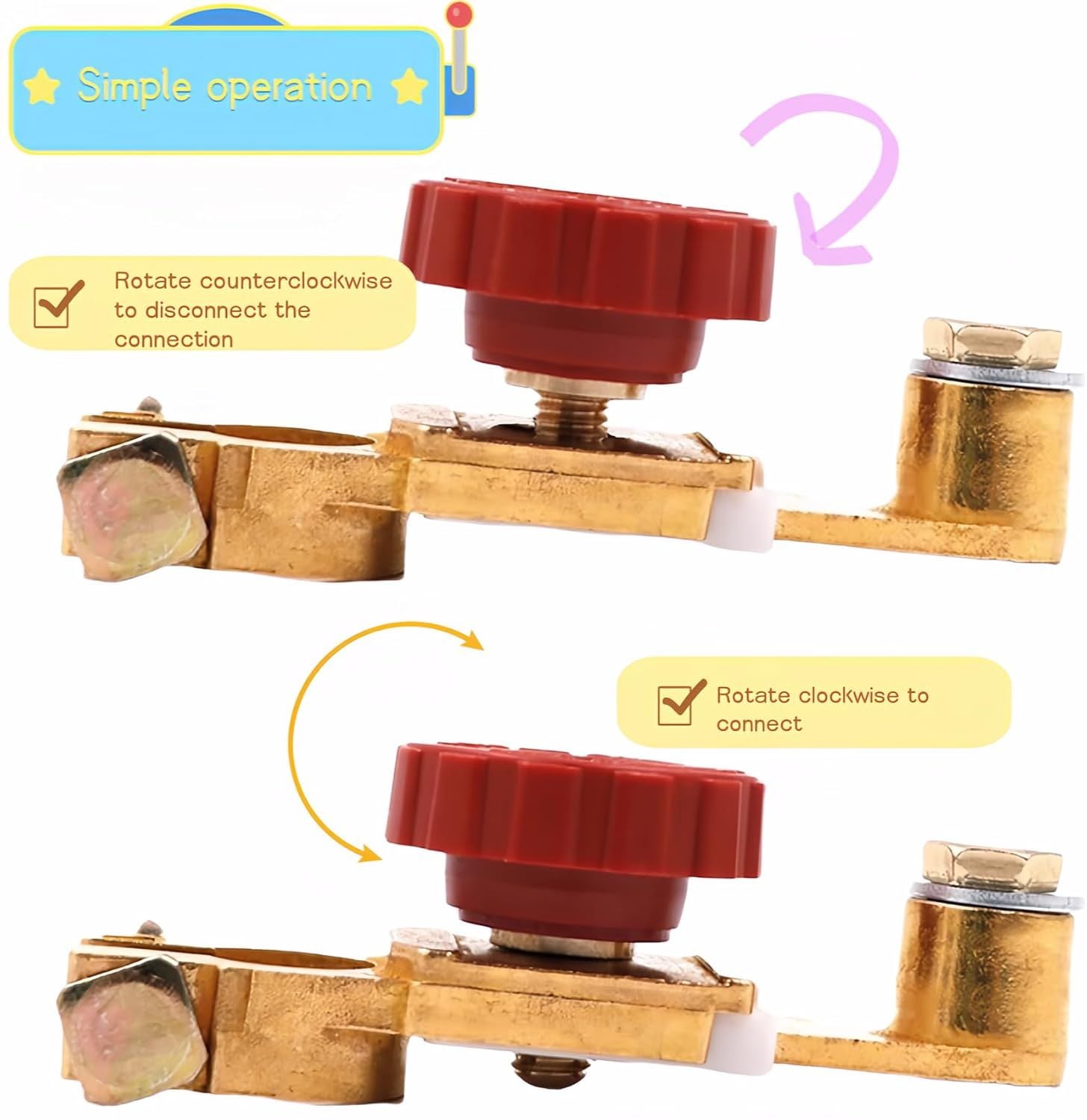 Top Post Battery Disconnect Switch 12V 125A Heavy Duty Brass Marine Car Truck RV Boat Anti-Corrosion Quick Release Knob for Battery Saver 0.59-0.67" Universal Fit Prevents Battery Drain Red