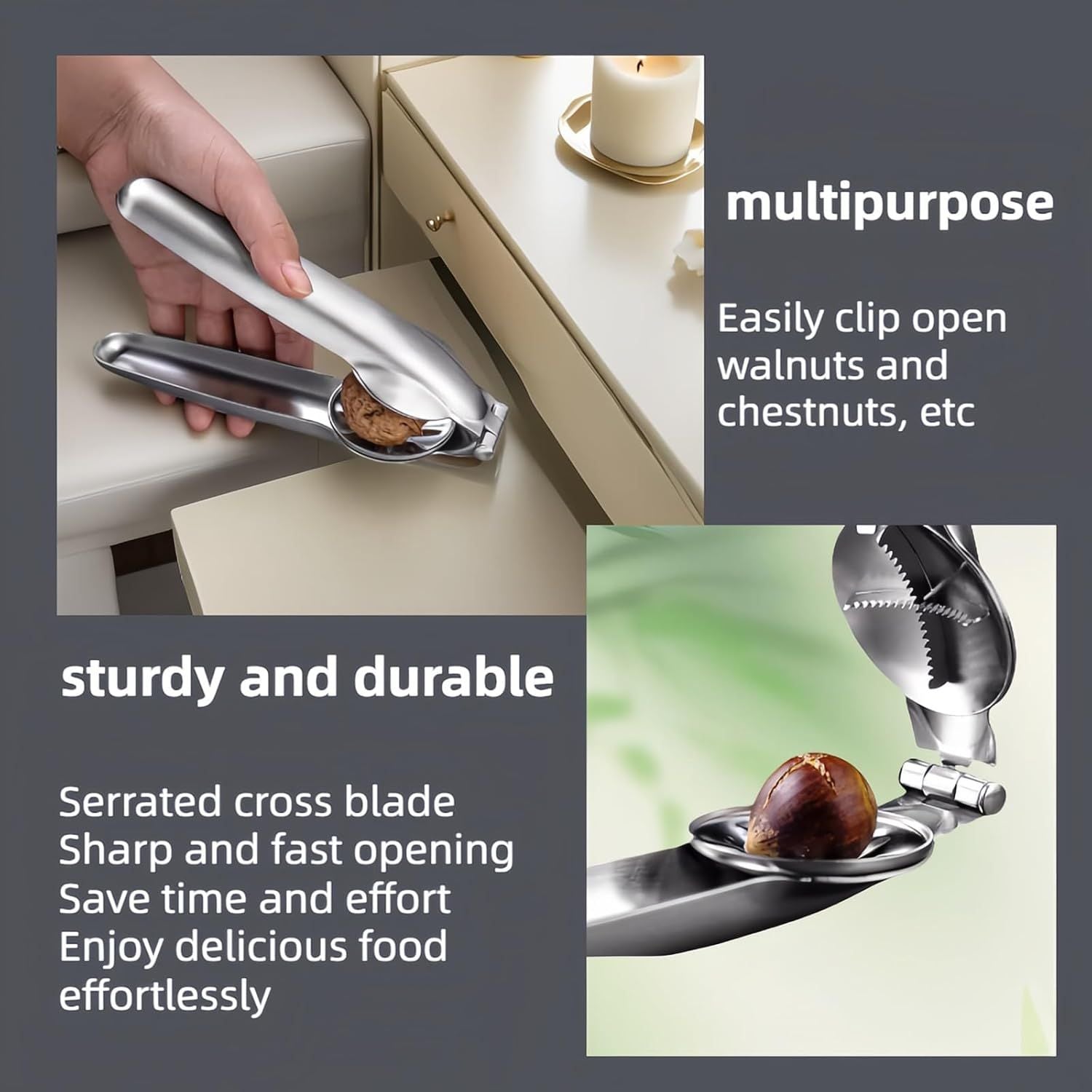 Multi-Purpose Nut Cracker Tool, 6.89 inch Stainless Steel Opener for Chestnuts, Walnuts, Almonds, Peanuts with Anti-Slip Design