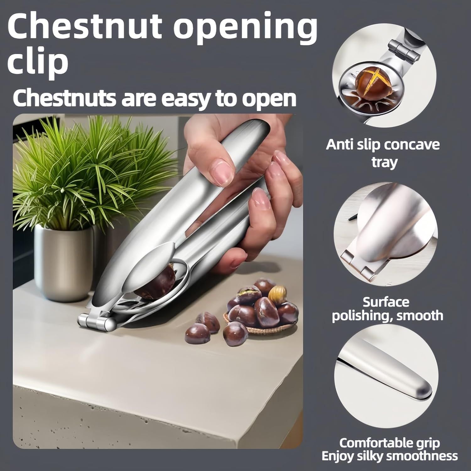 Multi-Purpose Nut Cracker Tool, 6.89 inch Stainless Steel Opener for Chestnuts, Walnuts, Almonds, Peanuts with Anti-Slip Design
