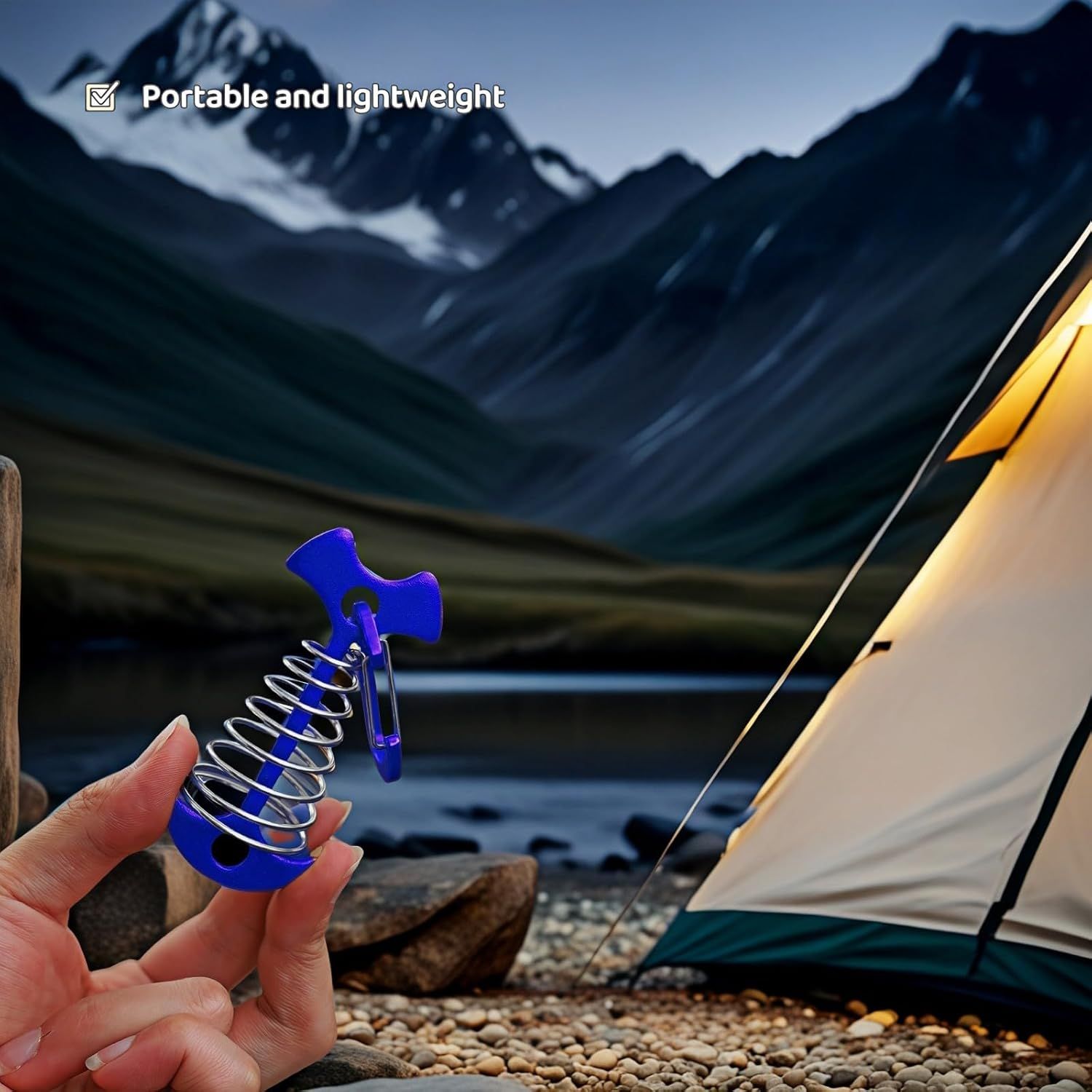 Fishbone SpringTent Peg Portable Windproof Anchors,Aluminum Tent Stakes with Carabiner for Camping Deck, Spring-Loaded Gutter Hook for Tarp,Adjustable Gap Stake for Outdoor Canopy Blue and Black