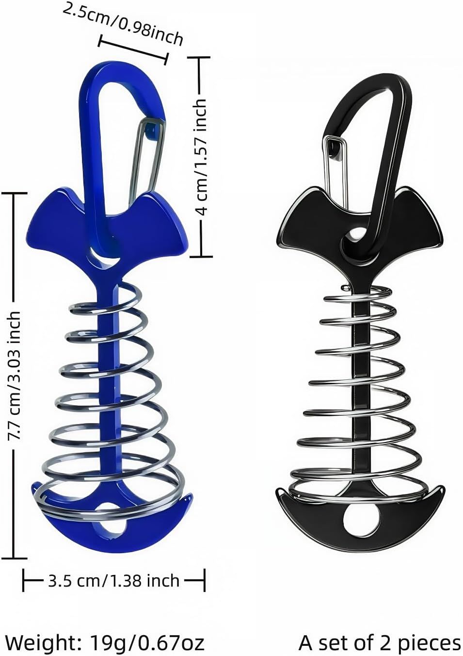 Fishbone SpringTent Peg Portable Windproof Anchors,Aluminum Tent Stakes with Carabiner for Camping Deck, Spring-Loaded Gutter Hook for Tarp,Adjustable Gap Stake for Outdoor Canopy Blue and Black