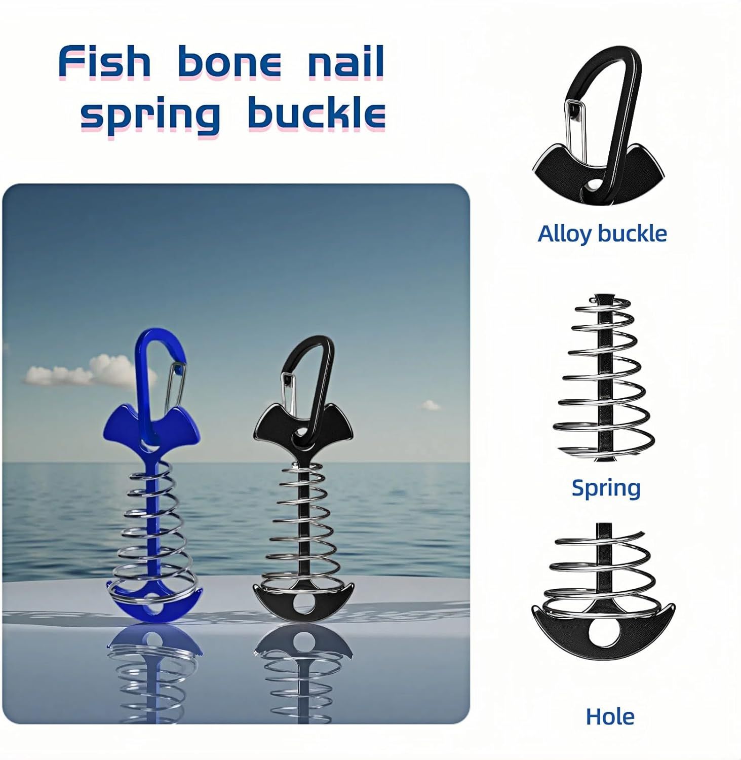 Fishbone SpringTent Peg Portable Windproof Anchors,Aluminum Tent Stakes with Carabiner for Camping Deck, Spring-Loaded Gutter Hook for Tarp,Adjustable Gap Stake for Outdoor Canopy Blue and Black