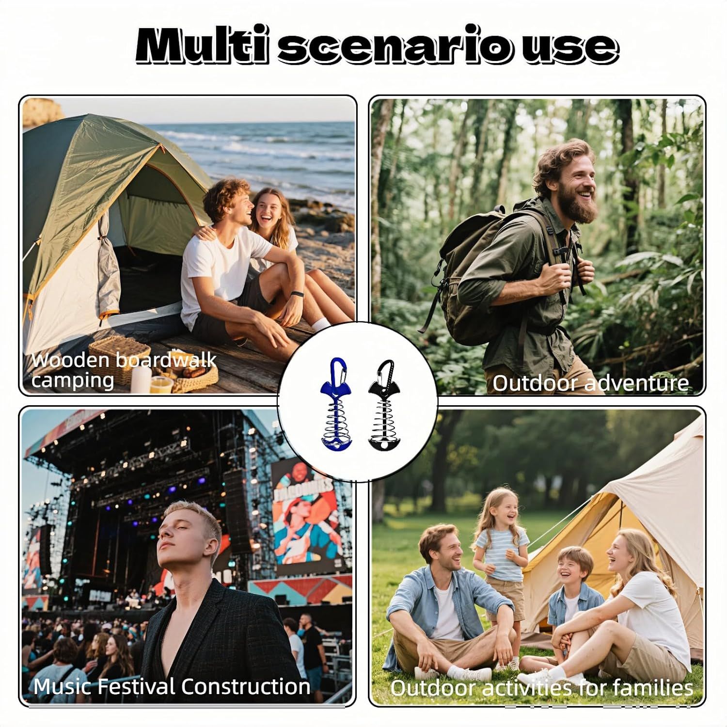Fishbone SpringTent Peg Portable Windproof Anchors,Aluminum Tent Stakes with Carabiner for Camping Deck, Spring-Loaded Gutter Hook for Tarp,Adjustable Gap Stake for Outdoor Canopy Blue and Black
