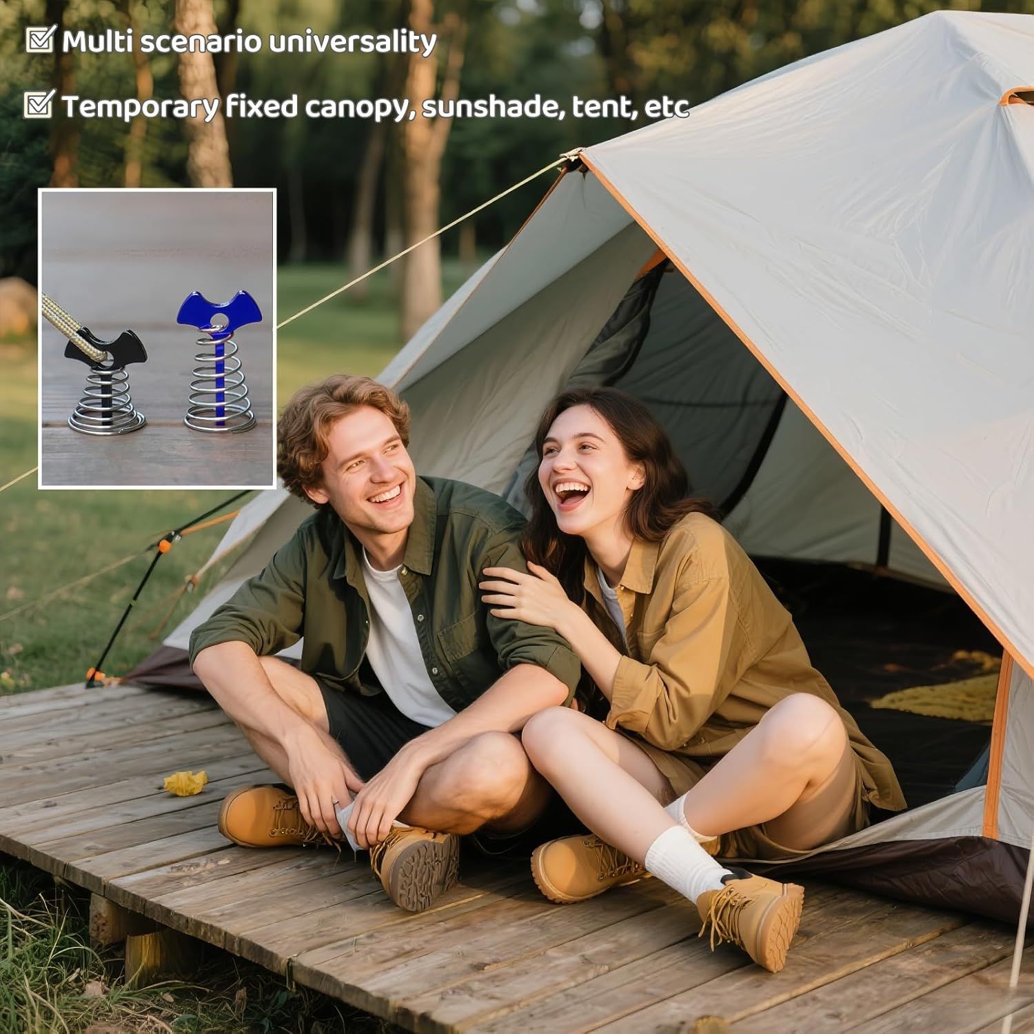 Fishbone SpringTent Peg Portable Windproof Anchors,Aluminum Tent Stakes with Carabiner for Camping Deck, Spring-Loaded Gutter Hook for Tarp,Adjustable Gap Stake for Outdoor Canopy Blue and Black