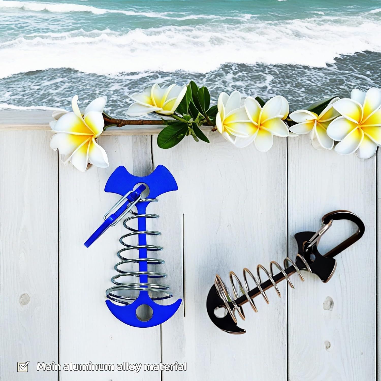 Fishbone SpringTent Peg Portable Windproof Anchors,Aluminum Tent Stakes with Carabiner for Camping Deck, Spring-Loaded Gutter Hook for Tarp,Adjustable Gap Stake for Outdoor Canopy Blue and Black