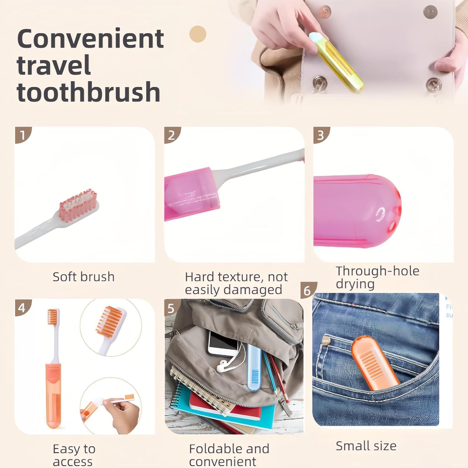 Travel Toothbrush Set for Family - 3 Mini Foldable Toothbrushes with Detachable Heads, Compact 4.53" Design, Medium Bristles, Portable for Road Trips & Air Travel Orange/Yellow/Pink