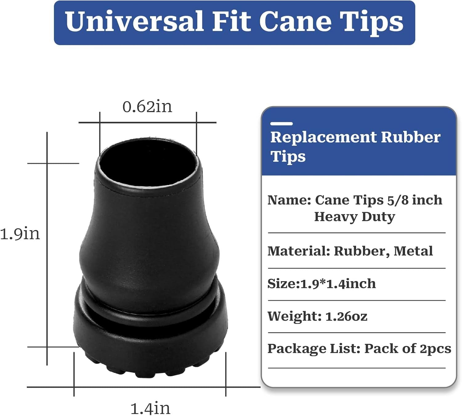 Cane Tips 5/8 inch Heavy Duty, 2 Pack Walking Cane Tips Rubber Cane Tip Replacement Rubber Tips for Canes, Crutch, Cane Foot, Walking Sticks