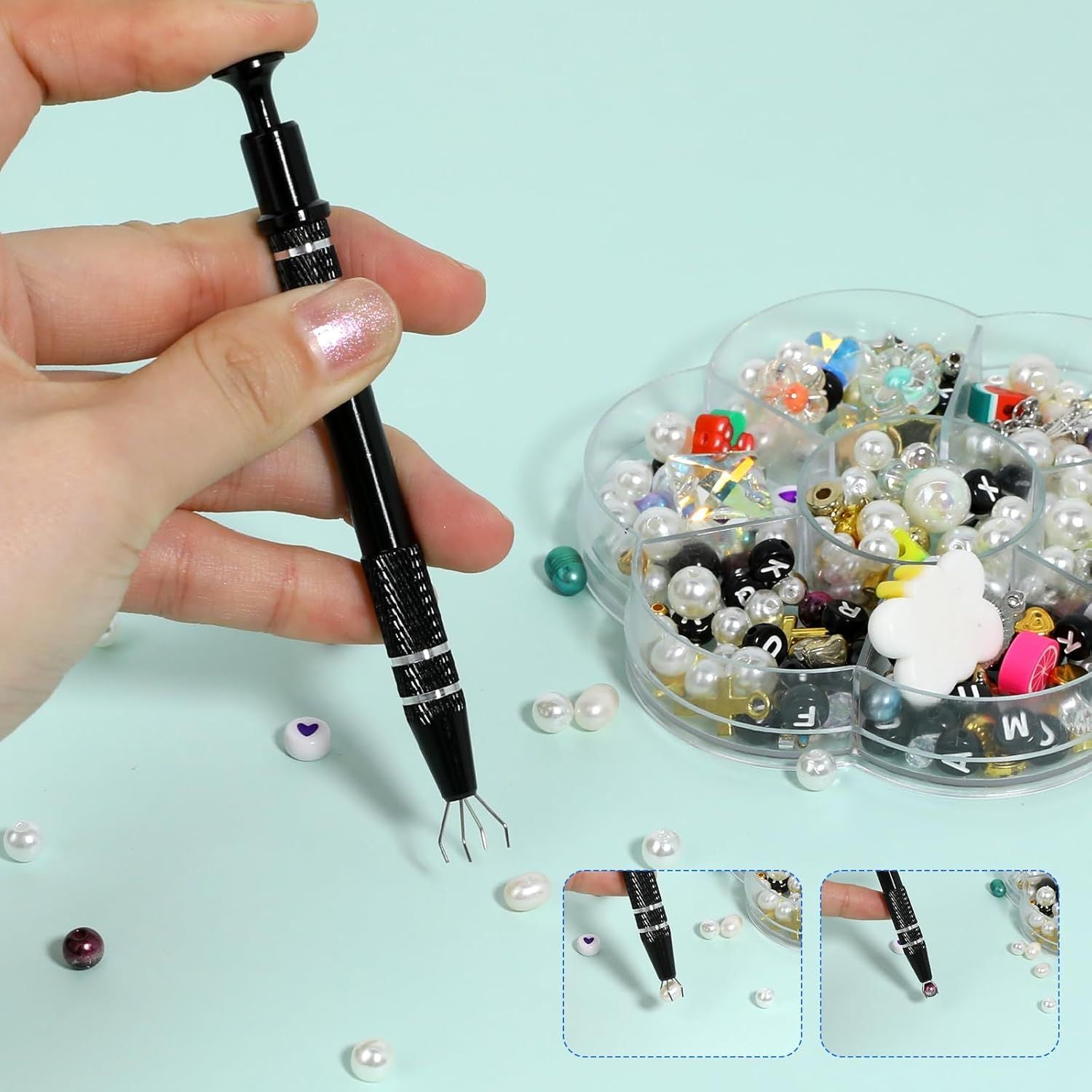 2Pcs 4 Prongs Jeweler's Pick Up Tool Stainless Steel Piercing Ball Grabber 4 Prong Diamond Claw Tweezers Pearl Grabber Pick Up Tool for Tiny Objects Ic Chips Electronic Components